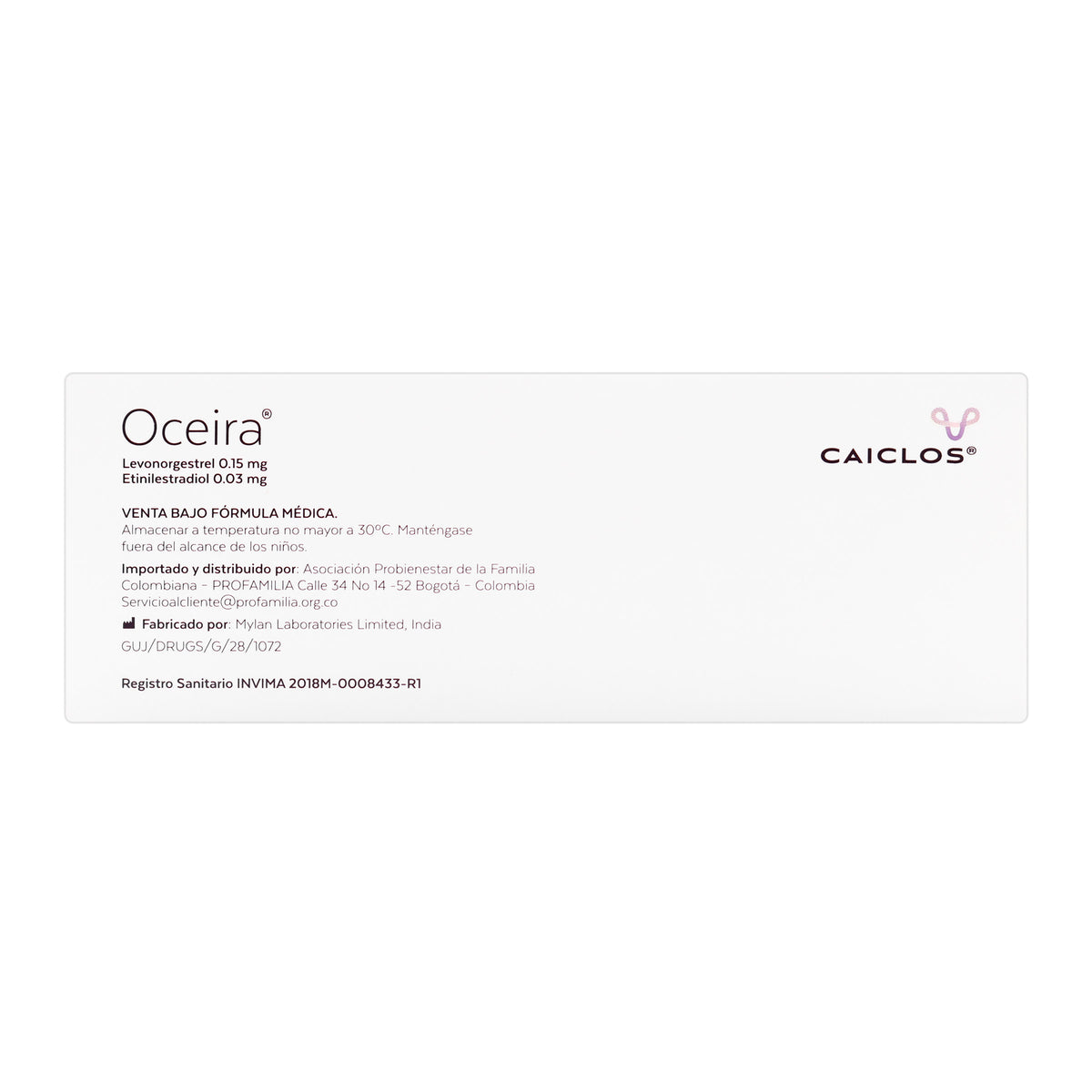 OCEIRA 0.15MG/0.03MG 21 TAB REC(M)5262 - VENTA CON FORMULA MEDICA - REG. INVIMA 2018M-0008433-R1