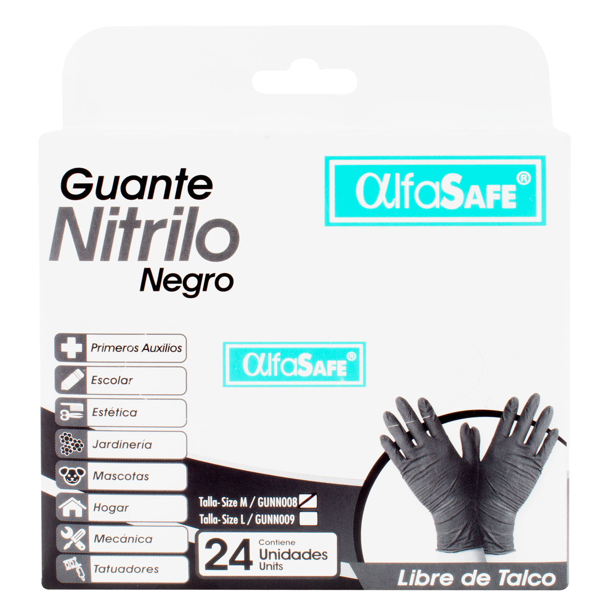 GUANTES NIT.ALFASAFE NEGRO TALLA M 24 - REG. INVIMA 2017DM-0016700