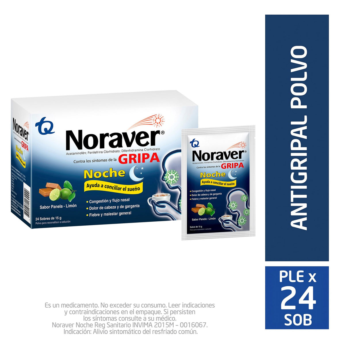 Noraver Gripa Noche x 24 sobres - Droguería La Bastilla Medellín