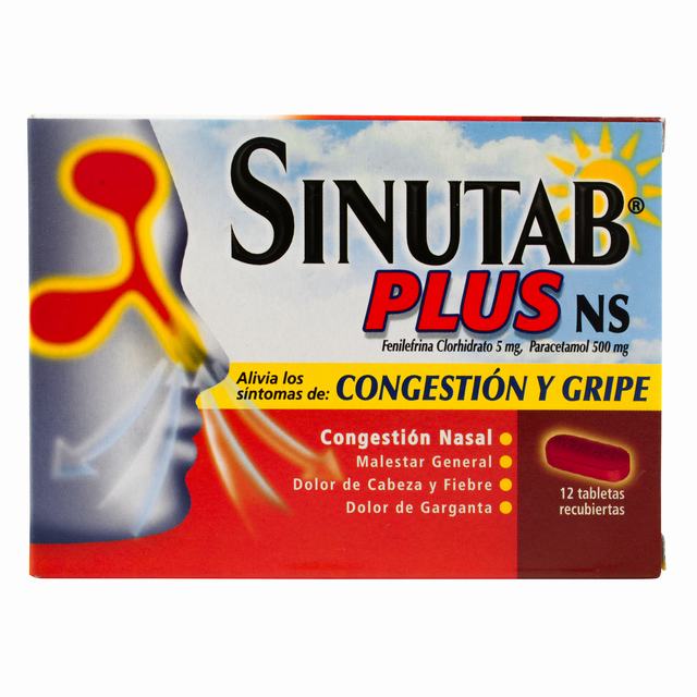 SINUTAB PLUS NS X 12 TABLETAS - ACETAMINOFEN + FENILEFRINA