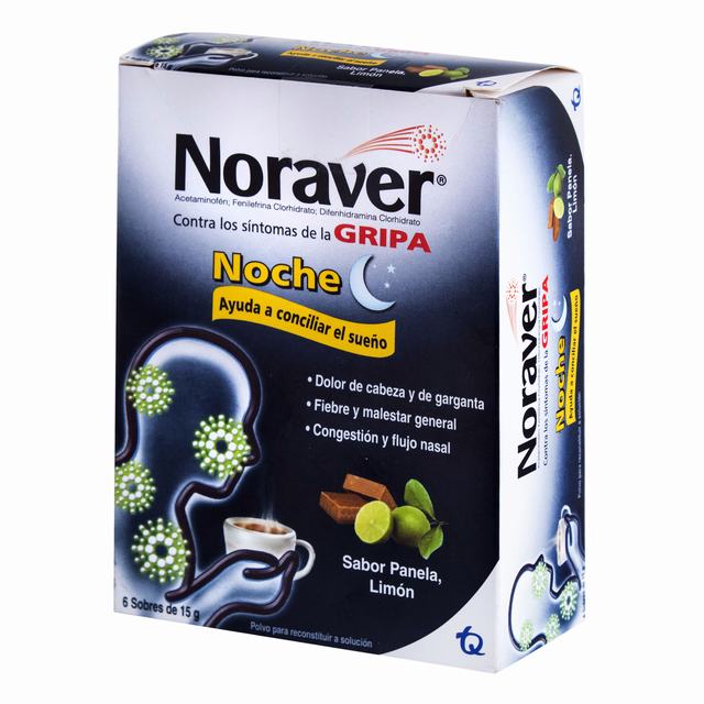 NORAVER GRIPA BEBIDA NOCHE 15 G DISPLAY X 6 SOBRES - ACETAMINOFEN + FENILEFRINA + LEVOCETIRIZINA