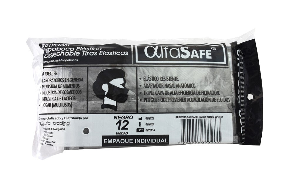 TAPABOCAS ALFA SAFE NEGRO 12 UND - REG. INVIMA 2014DM-0012154