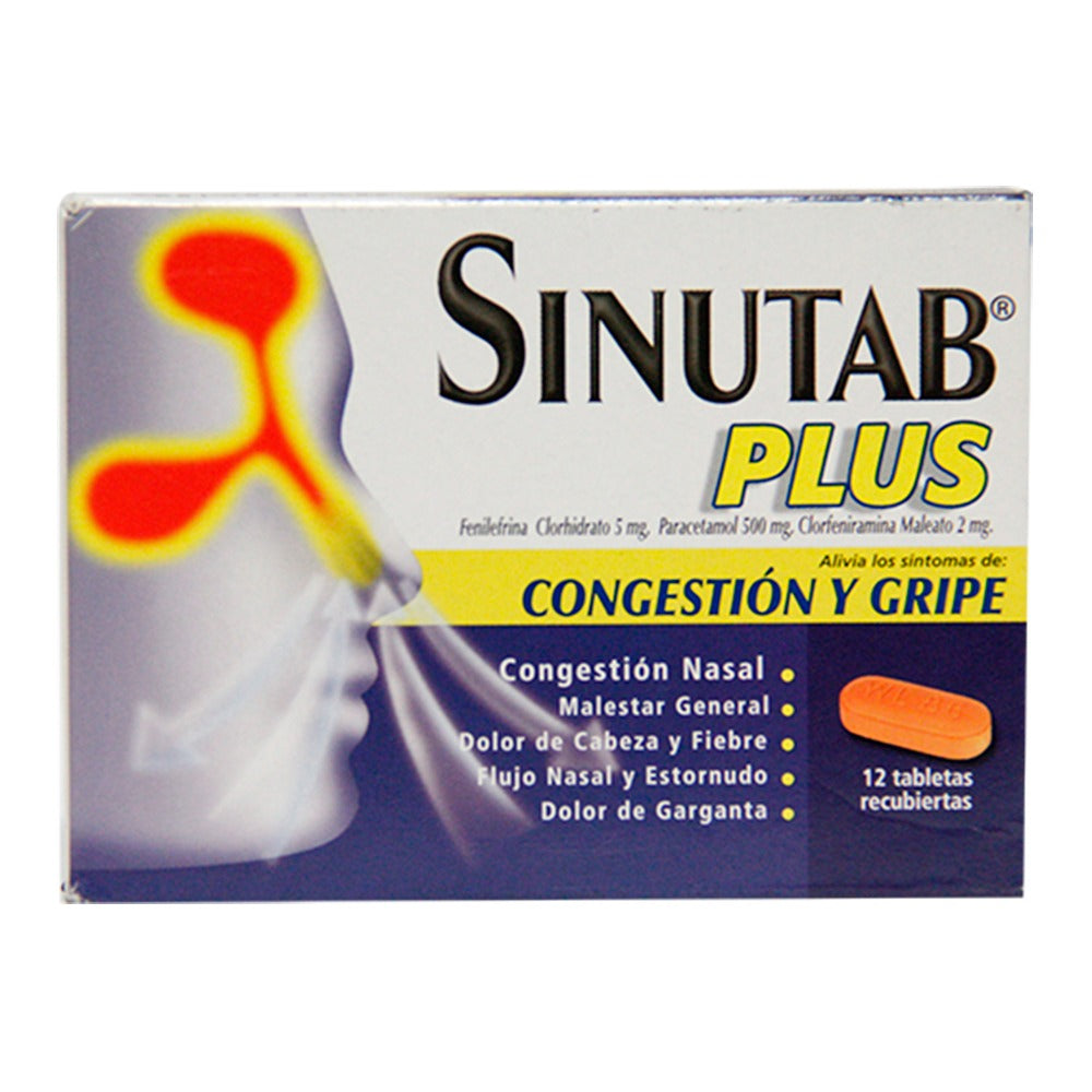 SINUTAB PLUS X 12 TABLETAS - ACETAMINOFEN + CLORFENIRAMINA + FENILEFRINA